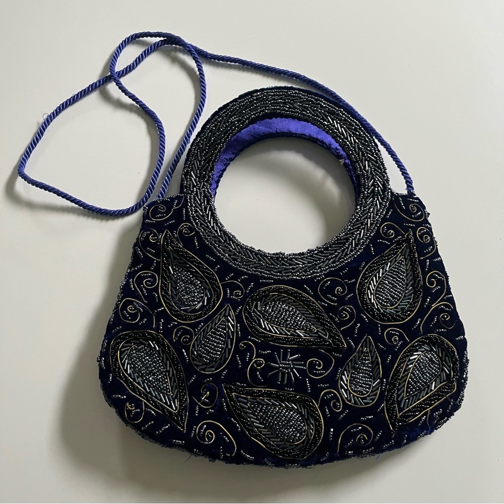 Vintage Navy Blue Beaded Paisley Wristlet Clutch